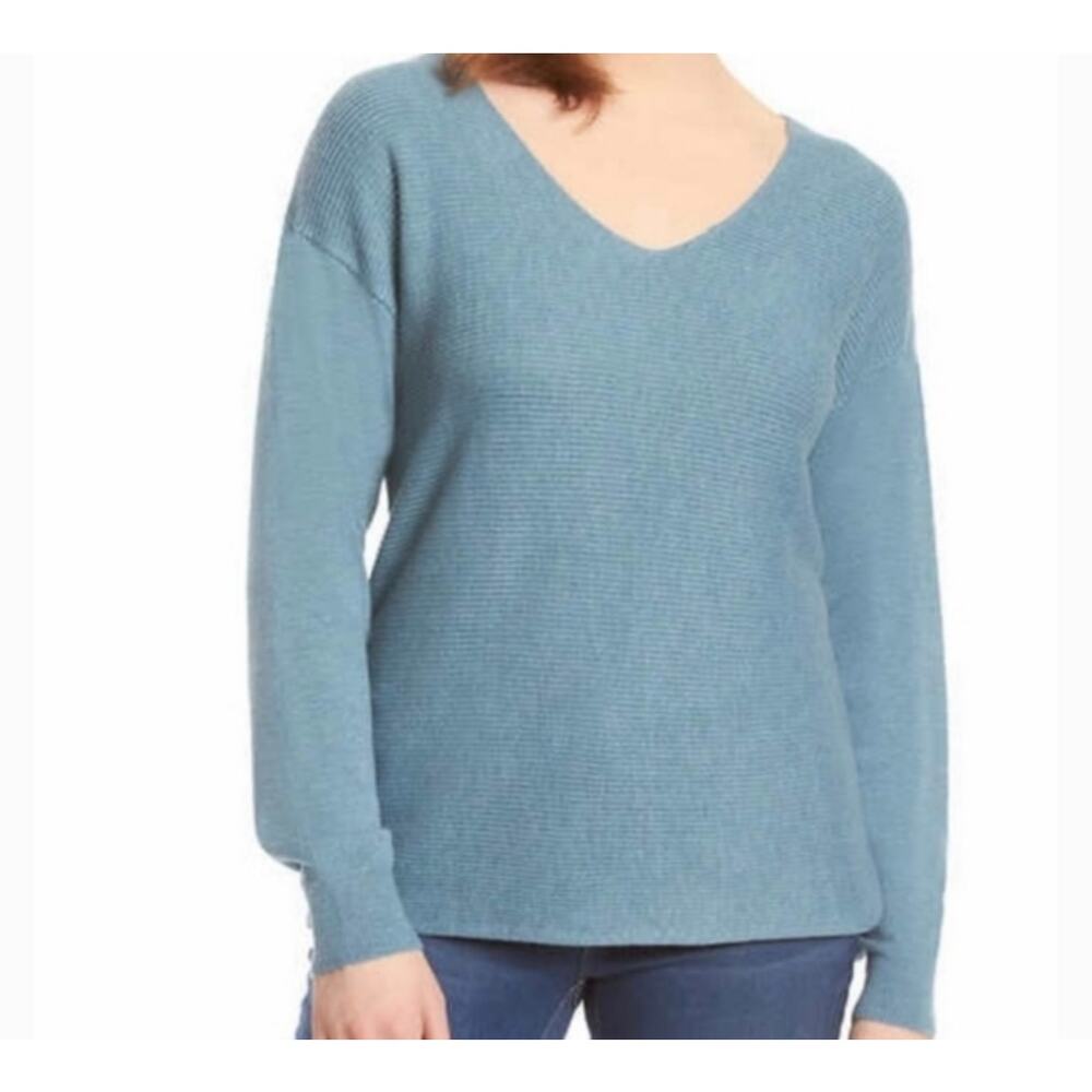 Ella Moss Women's Blue Ribbed V-Neck Casual Sweater Size Large